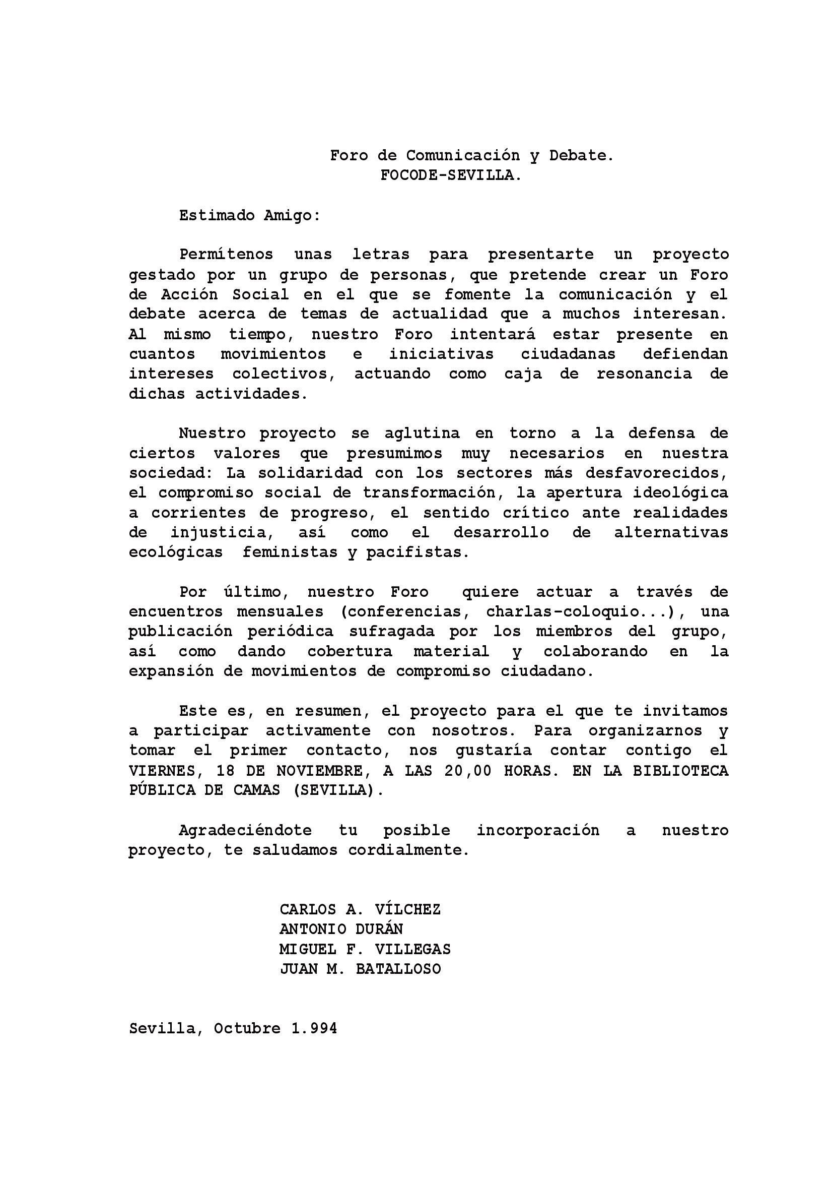 FOCODE CARTA INICIAL FIRMADA POR FUNDADORES OCTUBRE 1994 FOCODE CARTA INICIAL FIRMADA POR FUNDADORES OCTUBRE 1994