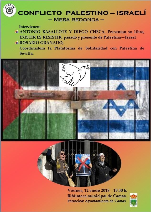 Cartel Mesa redonda sobre los conflictos mundiales, responsabilidades históricas y actuales. Corea, Siria, Irak, Palestina, Israel...